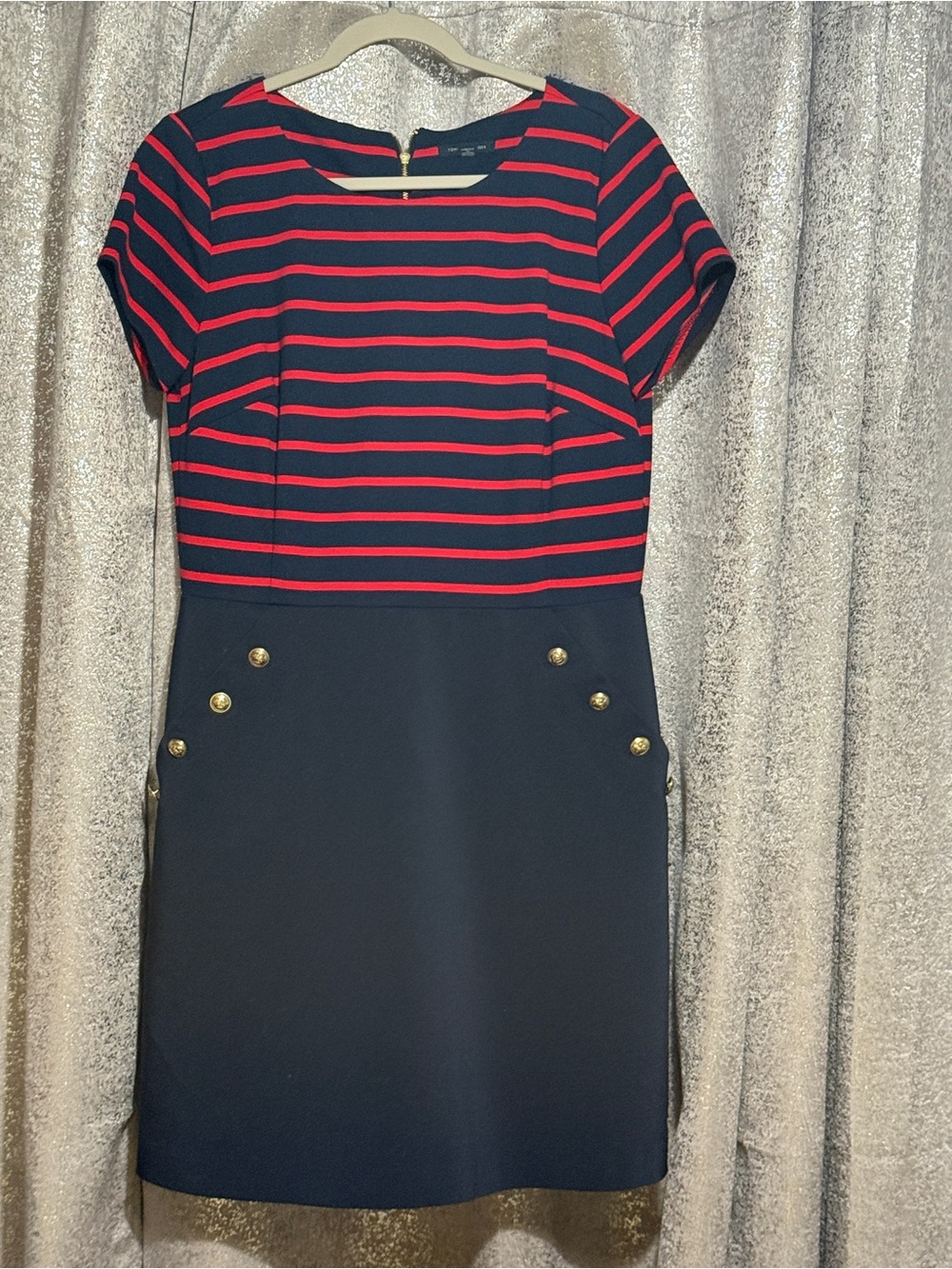 Vintage Tommy Hilfiger Nautical Sheath Navy Dress Red Stripe Bodice Gold Buttons